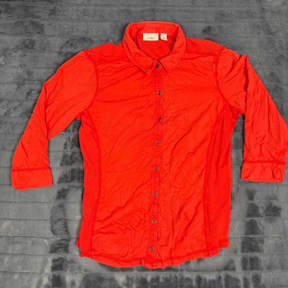 LL Bean Womens M Red Orange 100% Cotton 3/4 Sleeve Button Front Shirt 282274